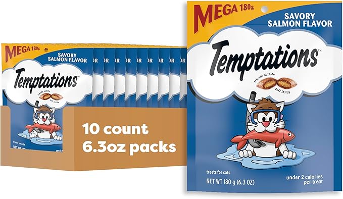 TEMPTATIONS Classic Crunchy and Soft Cat Treats Savory Salmon Flavor, 6.3 oz. Pouch (Pack of 10) Temptations