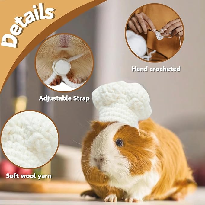 Guinea Pig Chef Hat - Hand Knitted Small Animal Cooking Chef Cap with Adjustable Strap Halloween Costume Outfit Prop Clothes Accessories for Rabbit Bunny Chinchilla Kitten Puppy (Medium) SEZDEKI