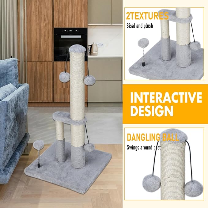 Dimaka Tall Cat Scratching Post, Double Lower Posts Extra Stable Cat Post Tree Scratcher with Sisal Rope and Teasing Balls, 4 Balls Total Large Base (Grey 26" - PAWPICO