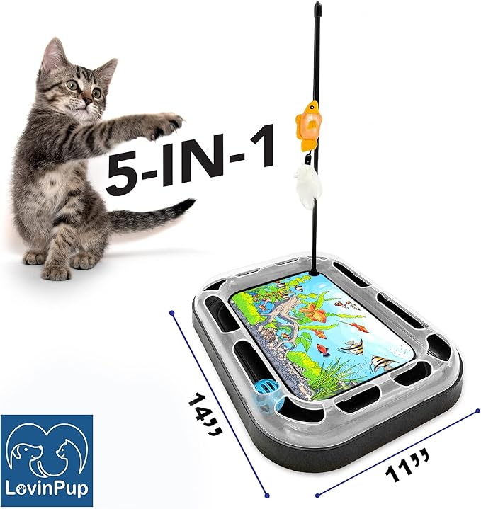 Cat Scratching Toy with Scratcher Board and Fish Aquarium Design, Fun and Exciting Catnip Cat Toy, Floppy Fish Toy with Feathers and Catnip Included - PAWPICO