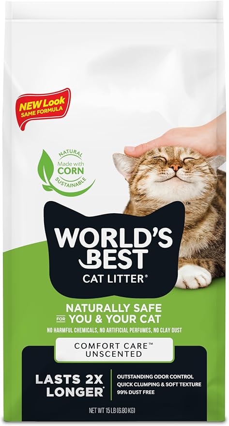 WORLD'S BEST CAT LITTER Comfort Care Unscented 15-Pounds - Natural Ingredients, Quick Clumping, Flushable, 99% Dust Free & Made in USA - Long-Lasting Odor Control & Easy Scooping - PAWPICO