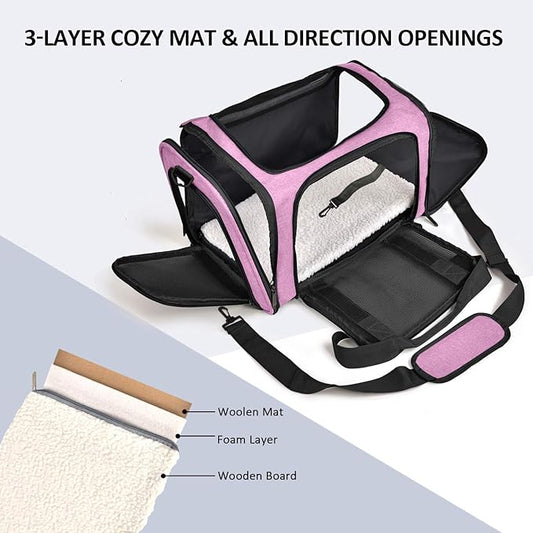 Henkelion Pet Carrier for Small Medium Cats Dogs Puppies up to 15 Lbs, TSA Airline Approved, Soft Sided, Collapsible Travel - Pink - PAWPICO