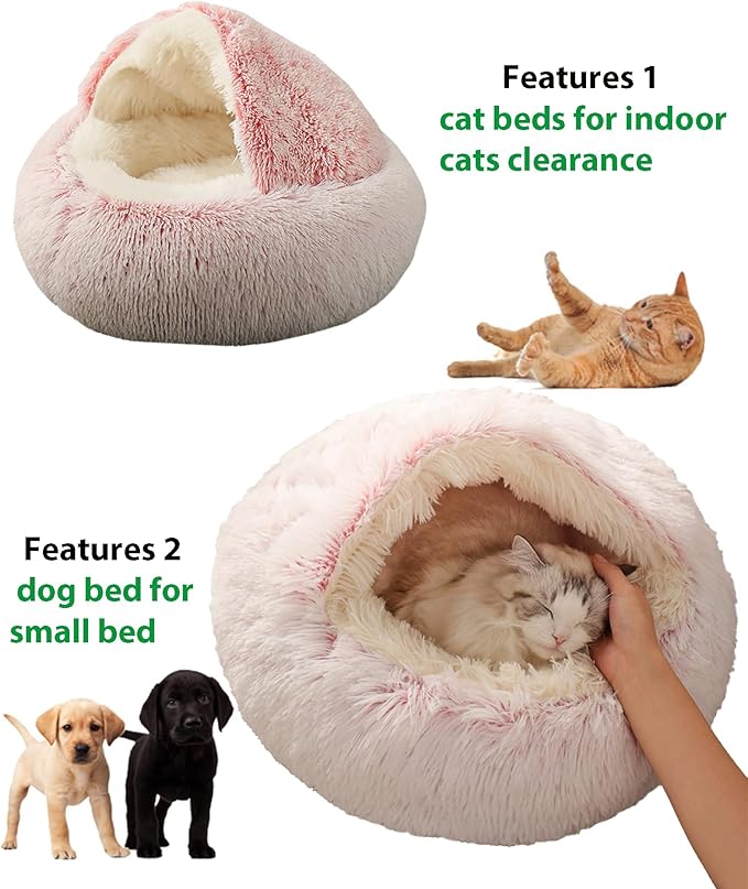 ShinHye Cat Bed Round Plush Fluffy Hooded Cat Bed Cave, Cozy for Indoor Cats or Small Dog beds, Soothing Pet Beds Doughnut Calm Anti-nxiety Dog Bed - Waterproof Bottom Washable (26×26inch, Pink) - PAWPICO