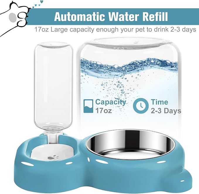 Dog Bowls, Cat Food and Water Bowl Set with Water Dispenser and Stainless Steel Bowl for Cats and Small Dogs - Blue - PAWPICO