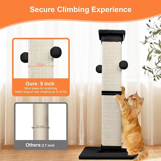 Cat Scratching Post 33 Inch Nature Sisal Cat Scratch Post for Indoor Cats, Large Cat Scratcher Protect Your Furniture, Black - PAWPICO