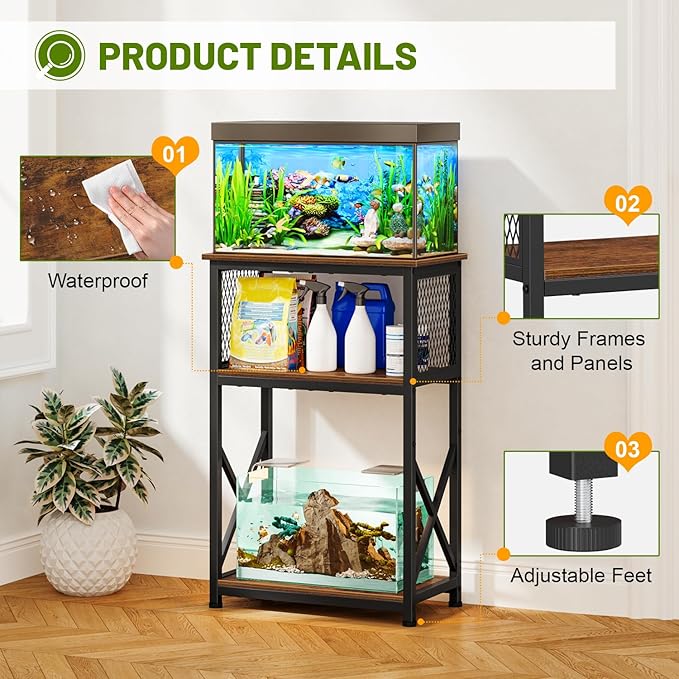 Snughome Fish Tank Stand, 10 Gallon Aquarium Stand with Storage, 3 Tier Heavy Metal Fish Tank Stand Fish Tank Shelf 20.47" x 11.42" x 30.91", Rustic Brown Snughome