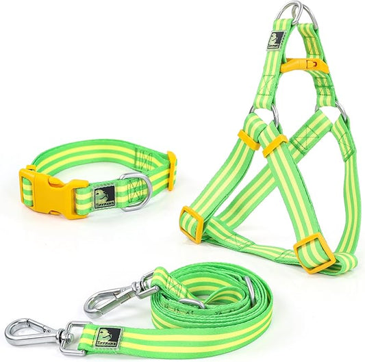 Striped Dog Harness Collar and Leash Set, Polyester Webbing Dog Collar Easy Walking and Training Dog Harness and Leash 3-in-1 Suit Adjustable Dog Harness Collar Leash Set for Dogs(Yellow, M) Tiffpaws