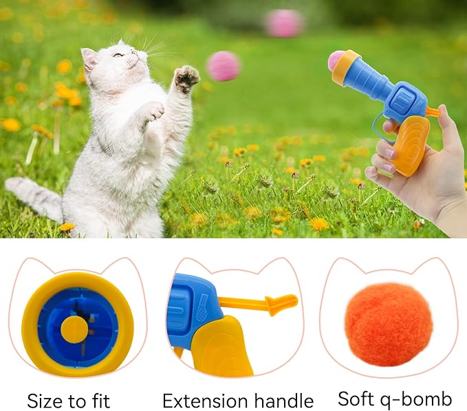 Andiker Cat Toy Balls Set, 30pcs Plush Cat Pom Pom Balls&a Plastic Launcher Set for Cat Catch&Fetch Interactive Cat Toy with Colorful&Soft Cat Balls for Indoor Cats to Keep Fit (Blue 100balls) - PAWPICO