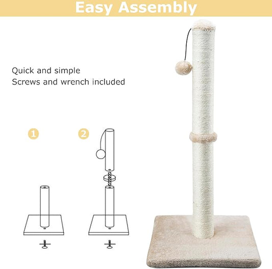 Dimaka 34" Tall Cat Scratching Post for Large Cats and Kittens, High Vertical Scratcher with Premium Natural Sisal Rope and Interactive Hanging Ball for Indoor Cats (Light Brown, 34 inches) - PAWPICO