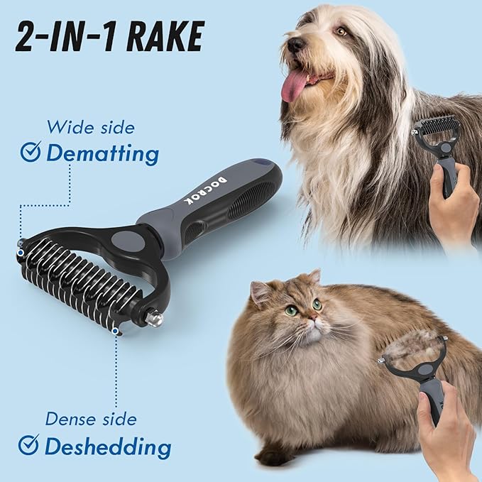 Pet Grooming Brush and Metal Comb Combo, Cat Brush Dog Brush for Shedding, Undercoat Rake for Dogs Grooming, Dematting Deshedding Brush Dogs Shedding Tool for Long matted Haired Pets, Gray - PAWPICO