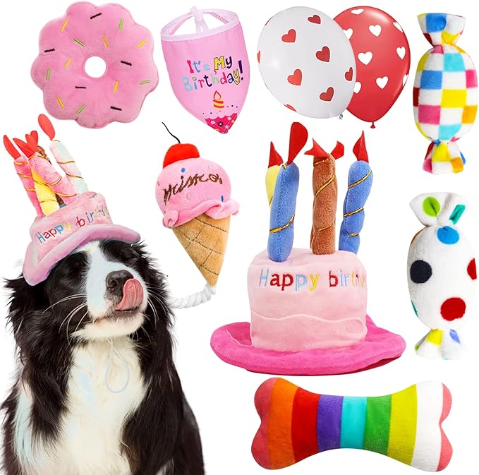 Dog Birthday Toys, Birthday Gift for Dogs, Happy Birthday Dog Toy Girl, Squeaky Plush Birthday Cake Hat Bandana for Dog Birthday Party, Birthday Gift for Small & Medium Dog, 9 Pack Pink - PAWPICO