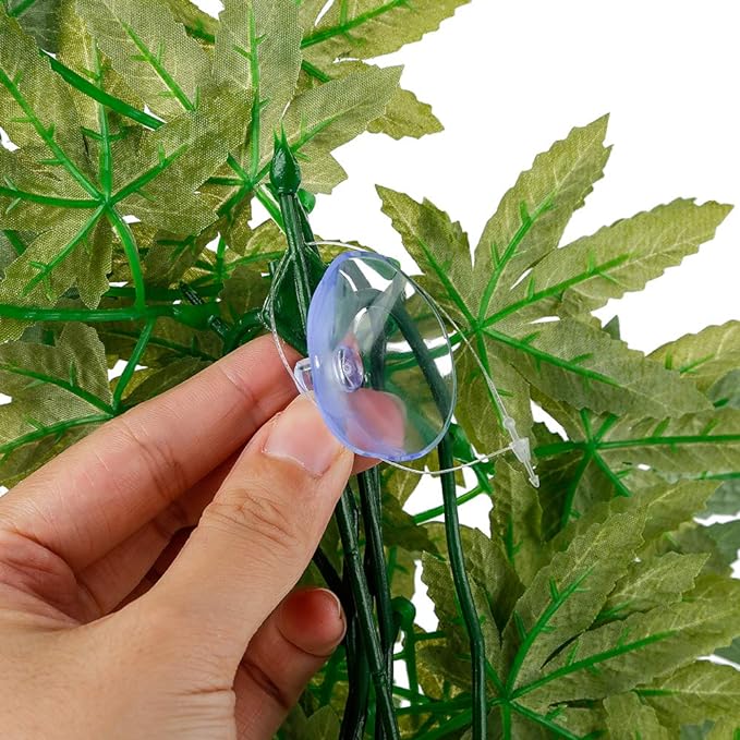 Reptile Silk Plants Leaves, Habitat Amphibian Accessories Enclosure Decor Tank Decoration Vines for Climbing, Decorate Grass Leaf with Suction Cup for Reptile & Amphibian Habitat Plants PAWPICO