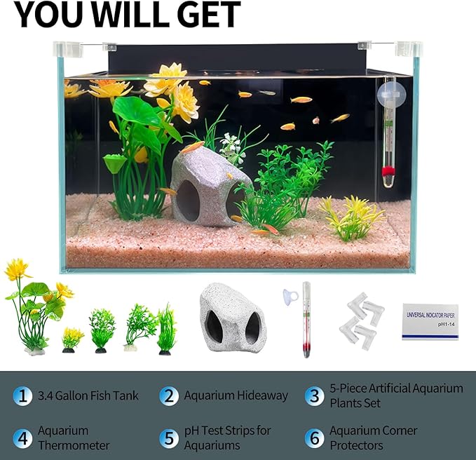 3.4-Gallon Ultra Clear Low Iron Glass Fish Tank Kit, Fish Tank for Betta Fish, with Fish Hideaway, Artificial Water Plants, Thermometer, and PH Test Paper WelcometoCICKSEED