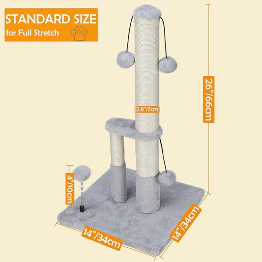 Dimaka Tall Cat Scratching Post, Double Lower Posts Extra Stable Cat Post Tree Scratcher with Sisal Rope and Teasing Balls, 4 Balls Total Large Base (Grey 26" - PAWPICO