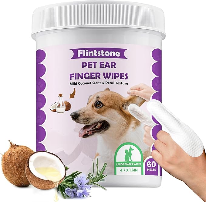 Flintstone Dog Ear Cleaner Finger Wipes – Ultra Big Dog Ear Wipes Gently Clean Ear Wax, Dirt - Ear Wipes for Dogs & Cats Soothes Ear Itching - Mild Coconut Scent - 60 Count Flintstone
