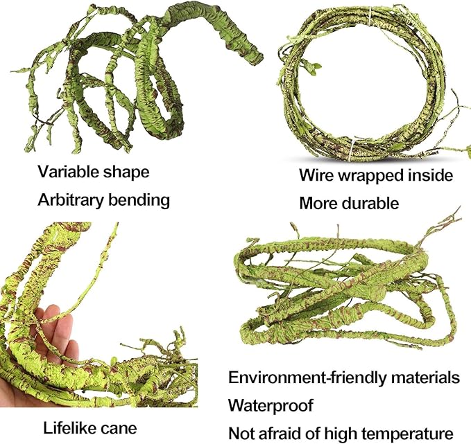 kathson 8 PCS Reptile Vines Plants Flexible Bendable Jungle Climbing Vine Terrarium Plastic Plant Leaves Pet Tank Habitat Decor for Bearded Dragons Lizards Geckos Snakes Frogs and More Reptiles kathson