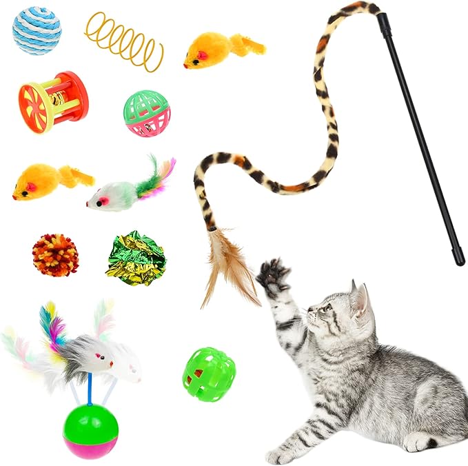 Malier Cat Toys Kitten Toys Set, Collapsible Cat Tunnels for Indoor Cats, Interactive Kitty Toys Cat Feather Toy Fluffy Mouse Crinkle Balls Cat 3 Way Tube Tunnel Toys for Cat Puppy Kitty Kitten - PAWPICO
