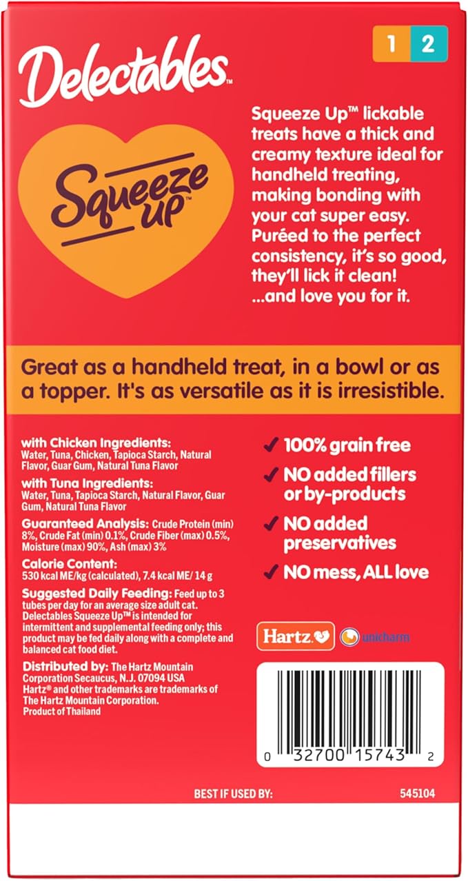 Hartz Delectables Squeeze Up Interactive Lickable Wet Cat Treats for Adult & Senior Cats, Chicken & Tuna, 10 Count,5 oz Hartz
