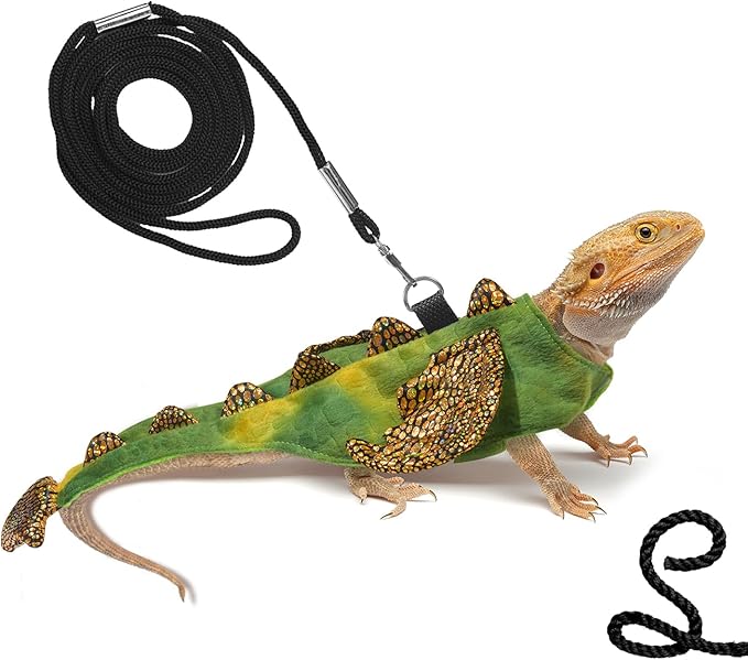 Bearded Dragon Dinosaur Costume with Harness, Bearded Dragon Halloween Costume, Beardie Durable Nylon Leash & Clothes, Tank Accessories for Lizard Reptile Small Pet Rabbit (Small Size) WELCOME