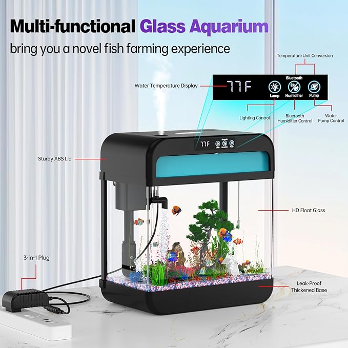 Fish Tank Aquarium 2.2 Gallon Fish Bowl with Music Humidifier 7 Color Auto-Looping Light Adjustable Pump with Filtration & Aeration & Circulation, Temperature Display, Bottom Water Changer Wilody