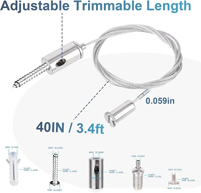 Adjustable Light Suspension Kit - 8 Pcs Luminaire Installation Hardware with 3.4ft Cable for Commercial Aquarium, LED Panel Lights, and More - Supports up to 11 lbs Per Strip Vigtayue