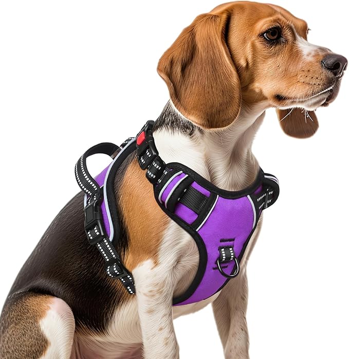 Timos Dog Harness Medium Sized, No Pull Dog Harness with Neck Lockable Snap,No Choke Front Clip Dog Reflective Harness,Adjustable Metal Rings 3 Buckles,Easy Control Handle for Medium Dogs Purple M Timos