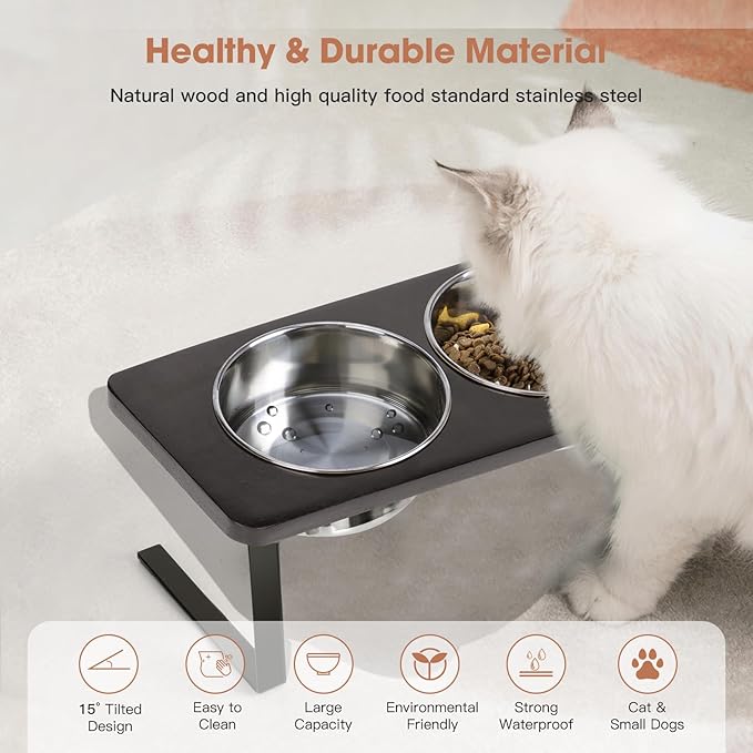 Elevated Cat Bowls, 15° Tilted Raised Cat Food Bowls Wood Pet Bowls with Stand Anti Vomiting 2 Stainless Steel Bowls for Cats and Puppy - PAWPICO