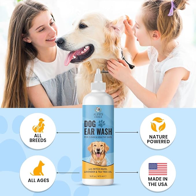 ALFIE'S CHOICE Dog Ear Wash - with Lavender & Tea Tree Oil to Soothes Pet Itchy Ears – Ear Wash for Dogs Cleans Debris and Buildup - Advanced Ear Cleanser for Dogs and Cats 16 fl oz AlfiesChoice