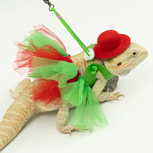 Bearded Dragon Christmas Costume Tutu Skirt Bowler Hat Leash Harness Reptile Christmas Cosplay Accessories Set for Lizard Leopard Gecko(Red) WODISON
