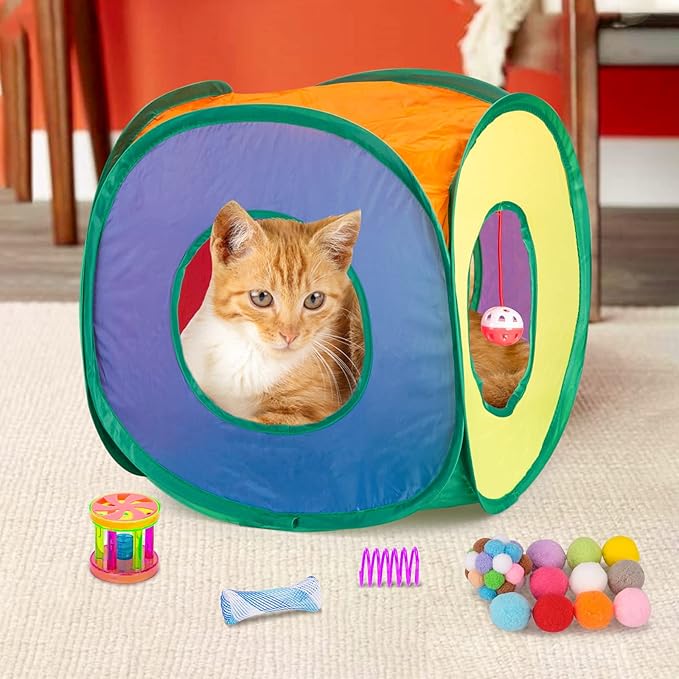 Retro Shaw Cat Toys Set 33 PCS, Interactive Cat Kitten Toys for Indoor Cats Kitty with Collapsible Cat Play Tunnel Tube Tent Cat Feather Wand Teaser Cat Bell Fuzzy Ball Springs Mouse Toys - PAWPICO