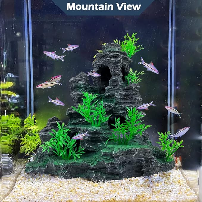 Aquarium Decoration Large and Tall for Fish Tank Rock Thematic Ornaments Aquarium Mountain View Stone Ornaments Aquarium Decor Tree House Cave Fish Tank Decorations - Large VMCN