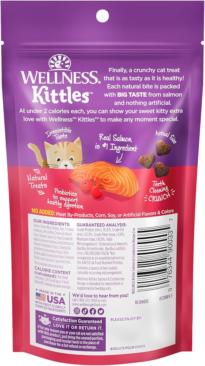 Wellness Kittles Crunchy Natural Grain Free Cat Treats, Salmon & Cranberry, 2-Ounce Bag (Pack of 2) WellnessNaturalPetFood