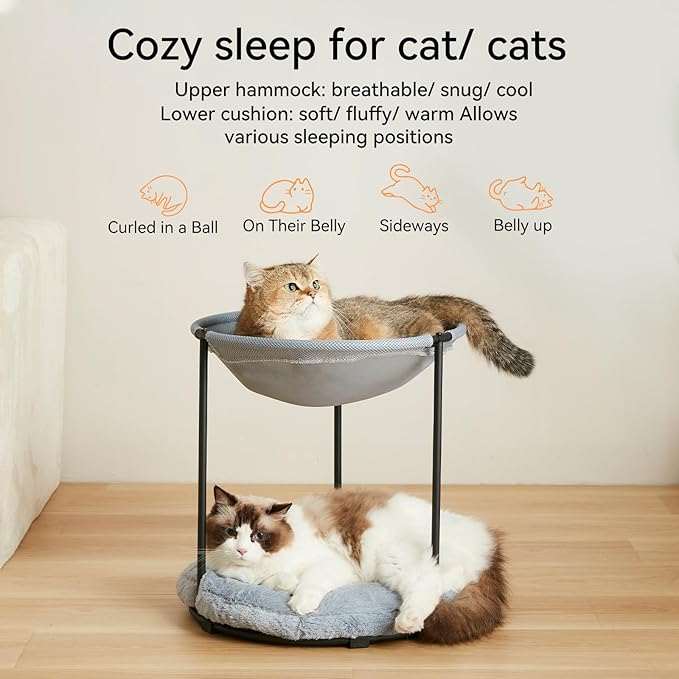 Double Cat Bed for 2 Cats Breathable Elevated Cat Beds for Indoor Cats, Round Fluffy Plush Cat Beds,18 x 16.5 x 16.5 Inch Cat Hammock Washable, Easy Assembly Cat Hammock for Multi-cat Household - PAWPICO