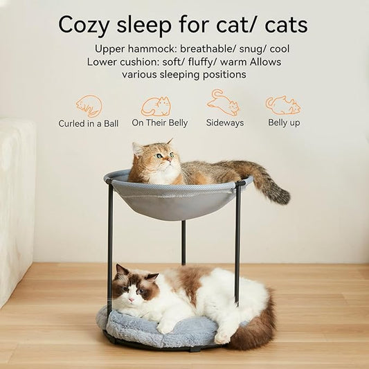 Double Cat Bed for 2 Cats Breathable Elevated Cat Beds for Indoor Cats, Round Fluffy Plush Cat Beds,18 x 16.5 x 16.5 Inch Cat Hammock Washable, Easy Assembly Cat Hammock for Multi-cat Household - PAWPICO