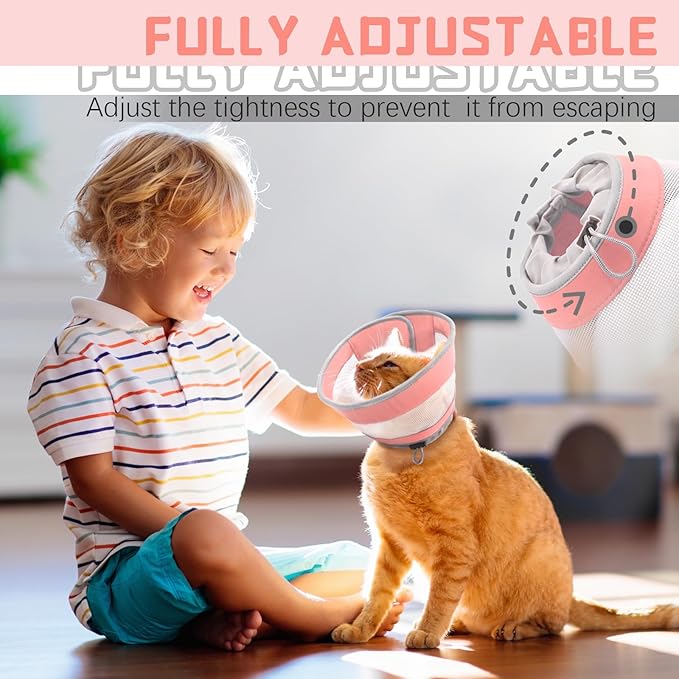 Cat Cone, Breathable Cat Cone Collar Soft, Adjustable Cat Cone to Stop Licking, Water Resistant Neck Cone for Cats with Air Mesh, Protective Cat Recovery E Collar for Cat Kitten(Pink,M-2 GoGoPaw