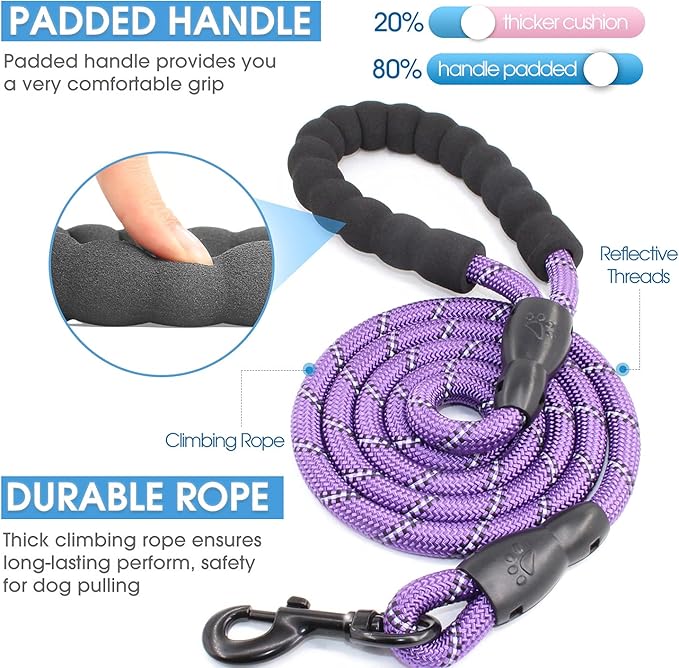 BAAPET 2/4/5/6 FT Dog Leash with Comfortable Padded Handle and Highly Reflective Threads for Small Medium and Large Dogs (5FT-1/2'', Purple) BAAPET