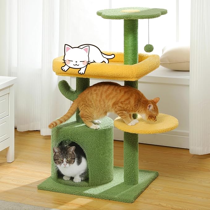 Made4Pets Cat Tree, 36.5 Inches Cat Tower for Indoor Cats, Multi-Level Cactus Cat Tree with Scratching Posts, Private Cat Condo, Plush Perch for Small Cat Kittens - PAWPICO