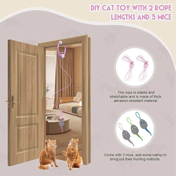 Cat Toy Interactive for Indoor Cats, Smart USB Rechargeable Door Hanging Automatic Retractable Kitten Toys, Teaser Electronic Self Play Feather Cat String Toys Attached with 3 Catnip Mice Pink - PAWPICO