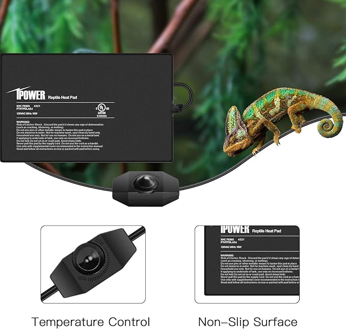 iPower 8 by 12-Inch 16 Watts Reptile Heating Mat with Temperature Controller Under Tank Warmer Terrarium Heat Pad for Reptiles and Amphibians, Black iPower