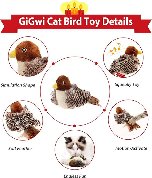 Gigwi Chirping Bird Cat Toys for Indoor Cats, Interactive Cat Toy with Real Electronic Squeaky Sound and Feather, Kitten Toys Automatic Cat Toy for Cat Exercise & Kicker to Self Play, Relieve Boredom - PAWPICO