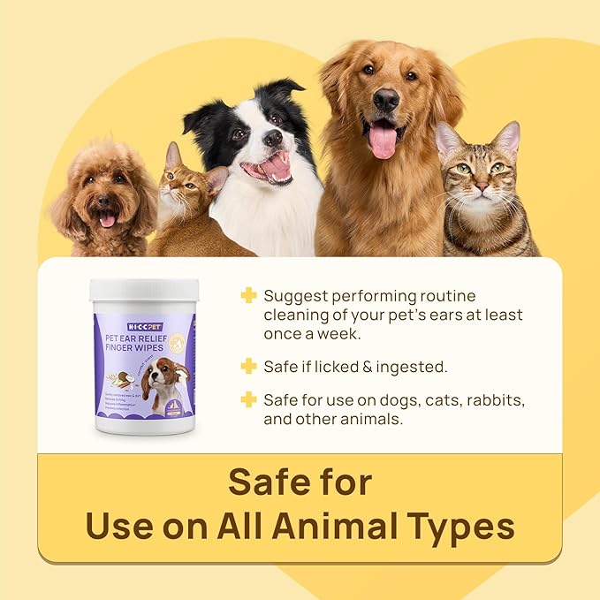 HICC PET Ear Finger Wipes for Dogs & Cats - Gently Remove Ear Wax, Debris - Sooths & Deodorizes - Relieve Ear Itching & Inflammation, Honey Scented, All Natural Ingredients - 100 Count HICCPET