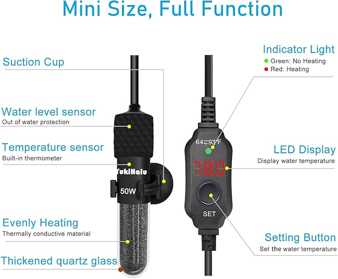 YukiHalu Small Submersible Aquarium Heater, Adjustable Mini Fish Tank Heater 25W 50W 100W 200W 300W with External Temperature Controller, LED Display, Used for 5/10/20/40/60 Gallons (50 Watts) YukiHalu