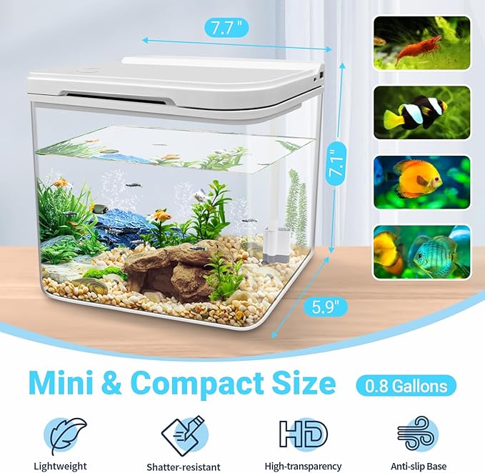 0.8 Gallon Small Fish Tank Kit, Aquarium Starter Kit with Super-Quiet Water Pump, Rain Filtration, Self Cleaning Filtration, LED Light, Easy Changing Water (White) Moonorange