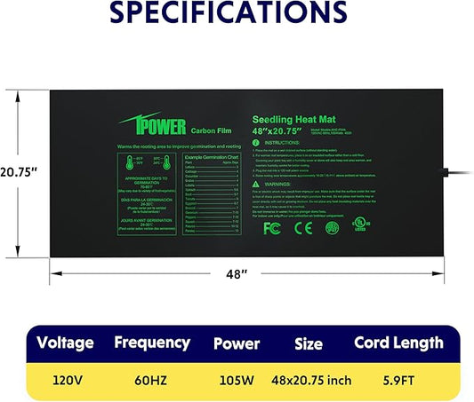 iPower 48” x 20.75” Seeding Heat Mat Upgraded Carbon Film Indoor Warm Hydroponic Plant Germination Starting Pad Durable Waterproof iPower
