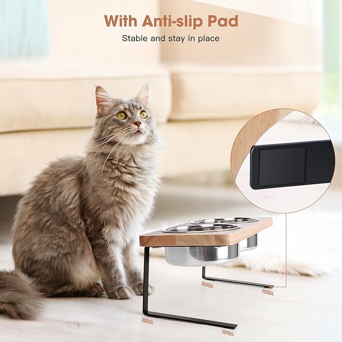 Elevated Cat Bowls, 15° Tilted Raised Cat Food Bowls Wood Pet Bowls with Stand Anti Vomiting 2 Stainless Steel Bowls for Cats and Puppy - PAWPICO