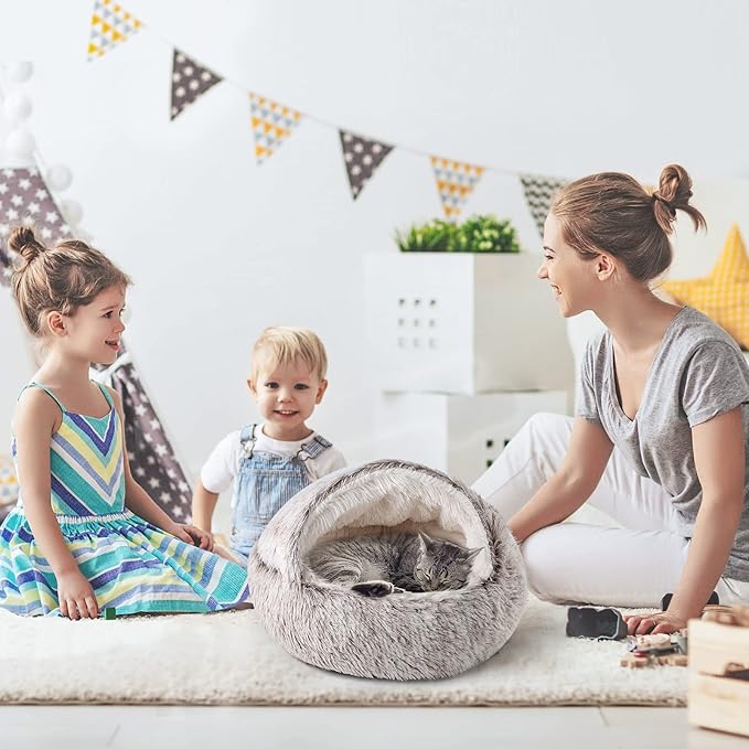 CATISM Cat Bed, Plush Hooded Cat Beds for Indoor Cats, Calming Cat Nest, Self Warming Cat Bed Cave, Cozy Cat Pod for Indoor Cat or Small Dog, Removable Washable Cat Cove with Non-Slip Bottom - PAWPICO