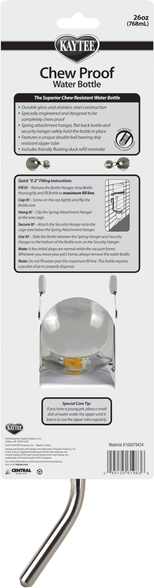 Kaytee Chew-Proof Water Bottle for Pet Ferrets and Rabbits, 26 oz Kaytee