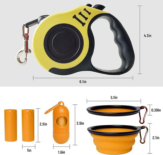 Retractable Dog Leash Automatic Telescopic Tractor Dog Tape, Pet Tape 10/16 FT Durable and Convenient, with Folding Bowl, Dispenser, Rubbish Bags, Suitable for Small and Medium Dogs LIEVUIKEN