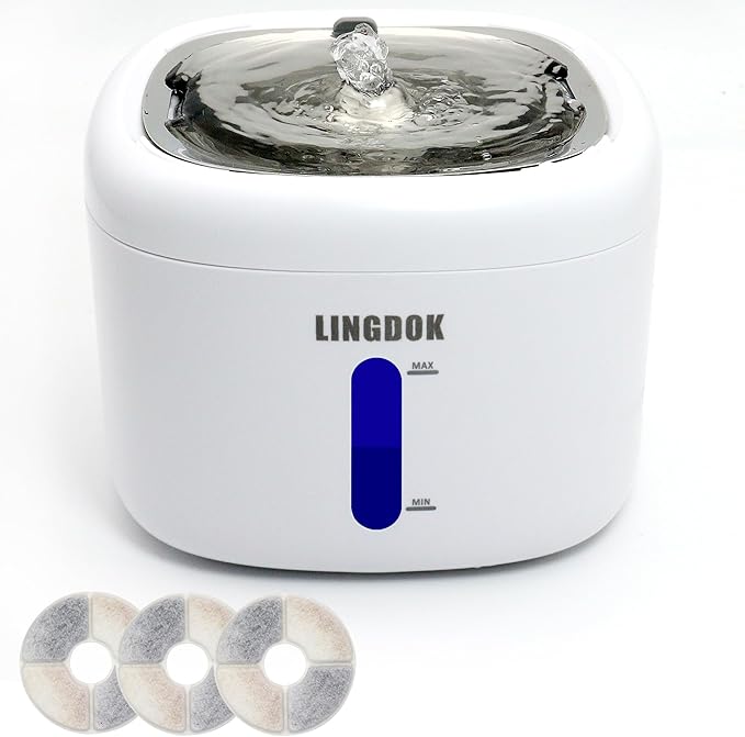 Cat Water Fountain - 2.2L Cat Fountain with Stainless Steel Drinking Tray, Ultra-Quiet 25dB Pet Water Fountain with LED Light and Water Level Window, Water Fountains for Cats Indoor - PAWPICO