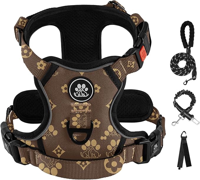IVY&LANE No Pull Dog Harness with Leash Set, Reflective No Choke Pet Vest,Adjustable Oxford Dog Vest Harness with Easy Control Handle for Large Dogs (Dark Brown,XL) IVYLANE